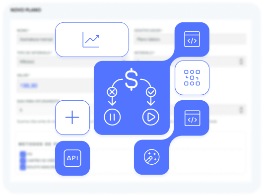 Plataforma de cobrança recorrente: vetores ilustrando upgrades de planos, API para split personalizado e identidade visual da marca