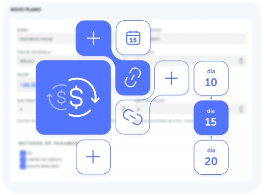 Vetores ilustrando plataforma de cobrança: régua de comunicação, cadastro ilimitado de clientes e regras personalizadas
