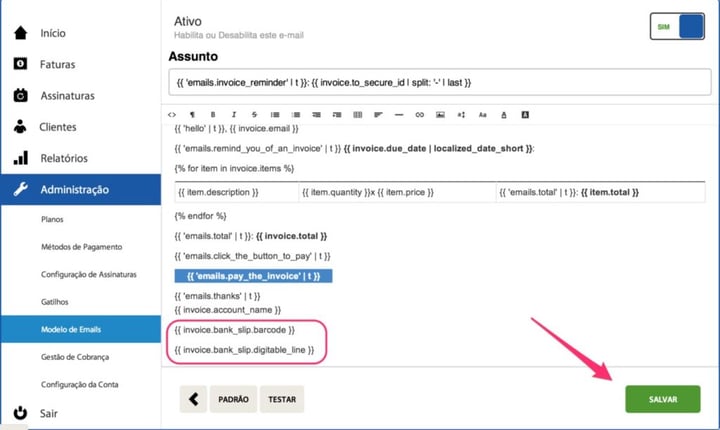 Envie o código de barras do boleto por email: painel iugu administração