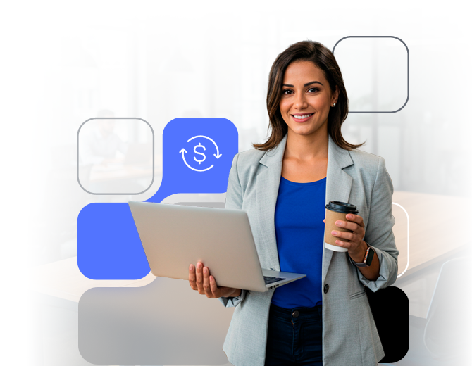 Executiva gerenciando assinaturas e planos na plataforma de pagamentos recorrentes, enquanto toma um cafézinho. 