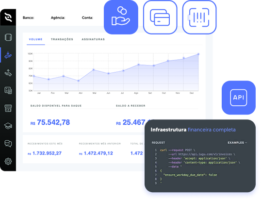 Imagem de um dashboard com ícones de cartão de crédito e boleto, além do indicativo de API, que ilustra a ideia de que o Cobrança Direta está disponível para configuração via API junto ao iugu Cobrança, o nosso produto completo para emissão e gestão de cobranças. 